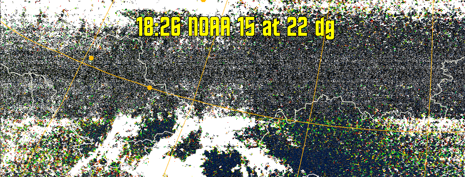 MSA-precip:
Same as MSA multispectral analysis, but high cold cloud tops are coloured the
same as the NO enhancement to give an approximate indication of the probability
and intensity of precipitation.
