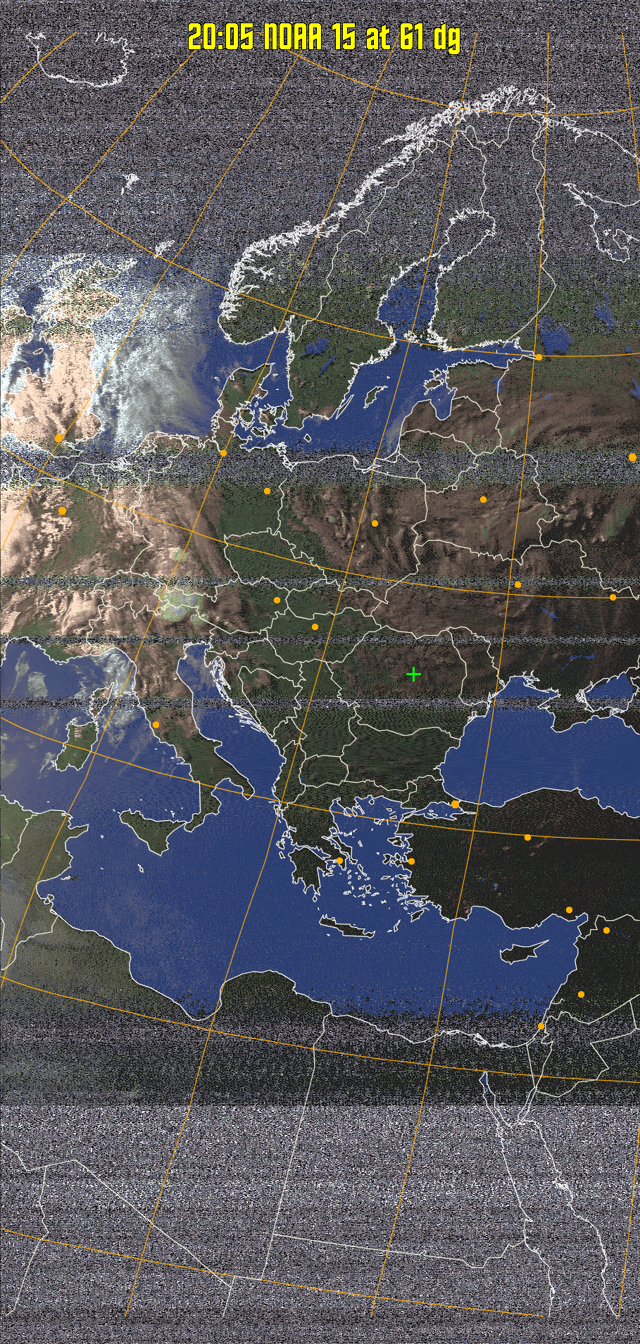 HVCT:
Similar to HVC, but with blue water and with colours more indicative of
land temperatures.
HVC:
Creates a false colour image from NOAA APT images based on temperature using
the HVC colour model. Uses the temperature derived from the sensor 4 image to
select the hue and the brightness from the histogram equalised other image to
select the value and chroma. The HVC colour model attempts to ensure that different colours at the same value will appear to the eye to be the same brightness
and the spacing between colours representing each degree will appear to the eye to
be similar. Bright areas are completely unsaturated in this model.