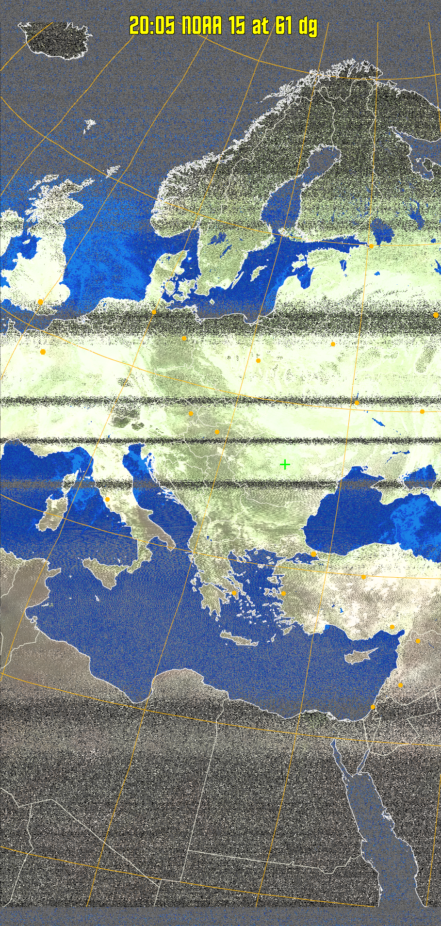 MCIR-precip: 
Colours the NOAA sensor 4 IR image using a map to colour the sea blue and land
green. High clouds appear white, lower clouds gray or land/sea coloured, clouds
generally appear lighter, but distinguishing between land/sea and low cloud may
be difficult. Darker colours indicate warmer regions.