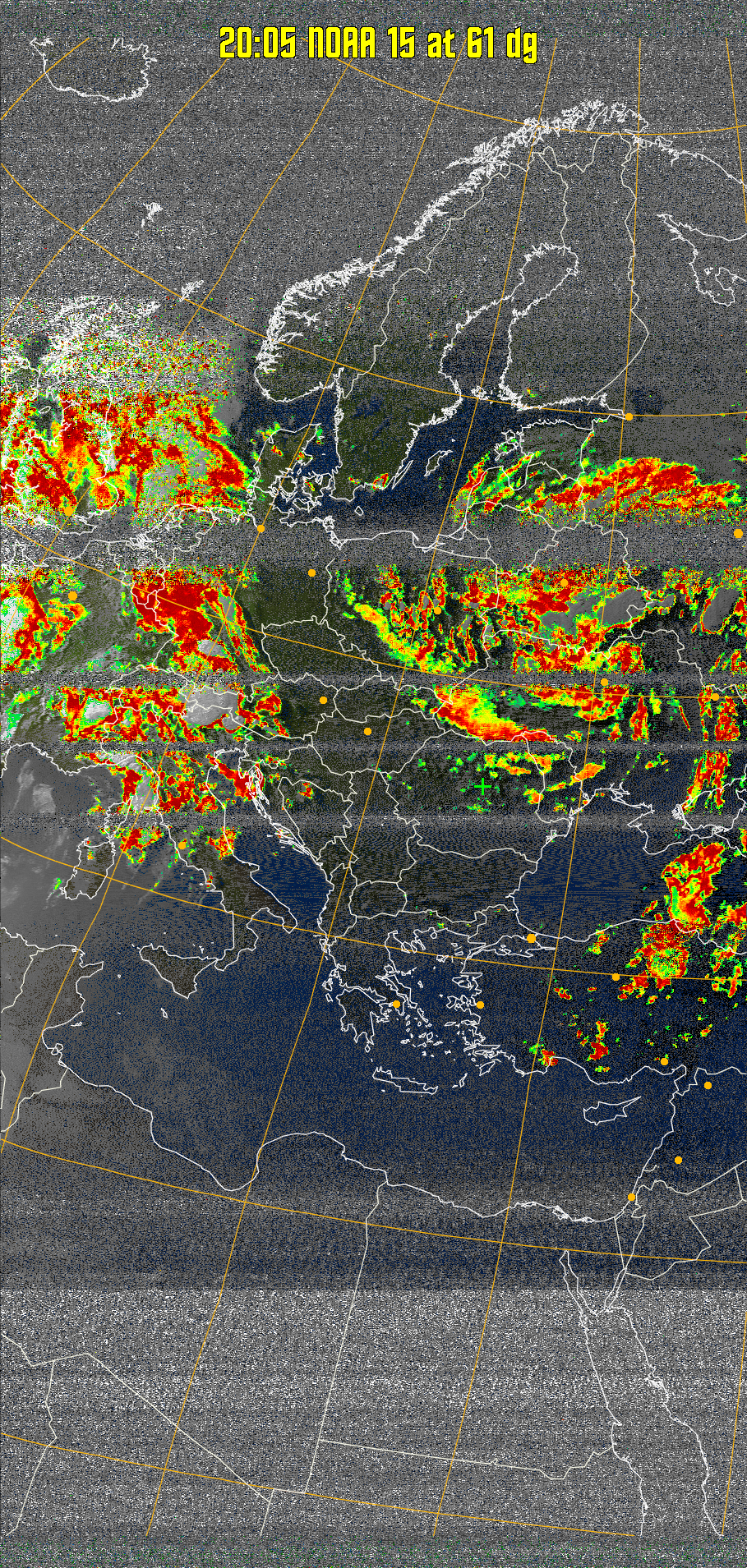 MSA-precip:
Same as MSA multispectral analysis, but high cold cloud tops are coloured the
same as the NO enhancement to give an approximate indication of the probability
and intensity of precipitation.
