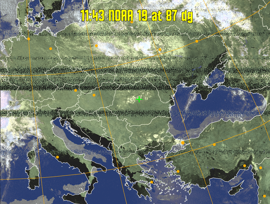 HVCT:
Similar to HVC, but with blue water and with colours more indicative of
land temperatures.
HVC:
Creates a false colour image from NOAA APT images based on temperature using
the HVC colour model. Uses the temperature derived from the sensor 4 image to
select the hue and the brightness from the histogram equalised other image to
select the value and chroma. The HVC colour model attempts to ensure that different colours at the same value will appear to the eye to be the same brightness
and the spacing between colours representing each degree will appear to the eye to
be similar. Bright areas are completely unsaturated in this model.