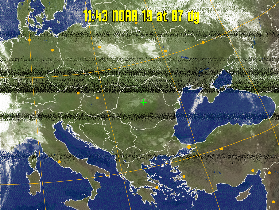 MCIR-precip: 
Colours the NOAA sensor 4 IR image using a map to colour the sea blue and land
green. High clouds appear white, lower clouds gray or land/sea coloured, clouds
generally appear lighter, but distinguishing between land/sea and low cloud may
be difficult. Darker colours indicate warmer regions.