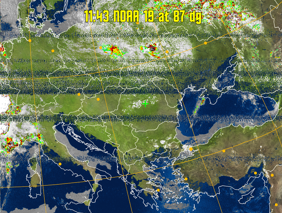 MSA-precip:
Same as MSA multispectral analysis, but high cold cloud tops are coloured the
same as the NO enhancement to give an approximate indication of the probability
and intensity of precipitation.