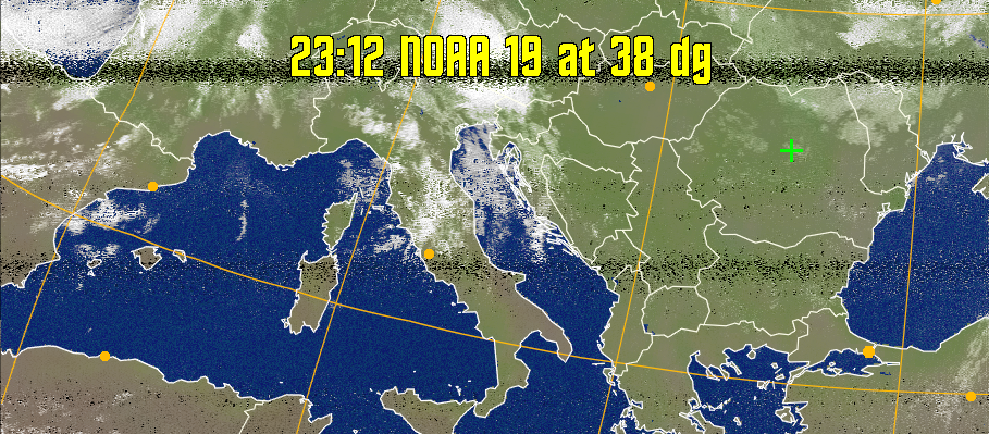 MCIR-precip: 
Colours the NOAA sensor 4 IR image using a map to colour the sea blue and land
green. High clouds appear white, lower clouds gray or land/sea coloured, clouds
generally appear lighter, but distinguishing between land/sea and low cloud may
be difficult. Darker colours indicate warmer regions.
