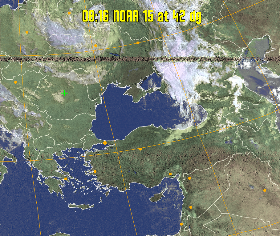 HVCT:
Similar to HVC, but with blue water and with colours more indicative of
land temperatures.
HVC:
Creates a false colour image from NOAA APT images based on temperature using
the HVC colour model. Uses the temperature derived from the sensor 4 image to
select the hue and the brightness from the histogram equalised other image to
select the value and chroma. The HVC colour model attempts to ensure that different colours at the same value will appear to the eye to be the same brightness
and the spacing between colours representing each degree will appear to the eye to
be similar. Bright areas are completely unsaturated in this model.