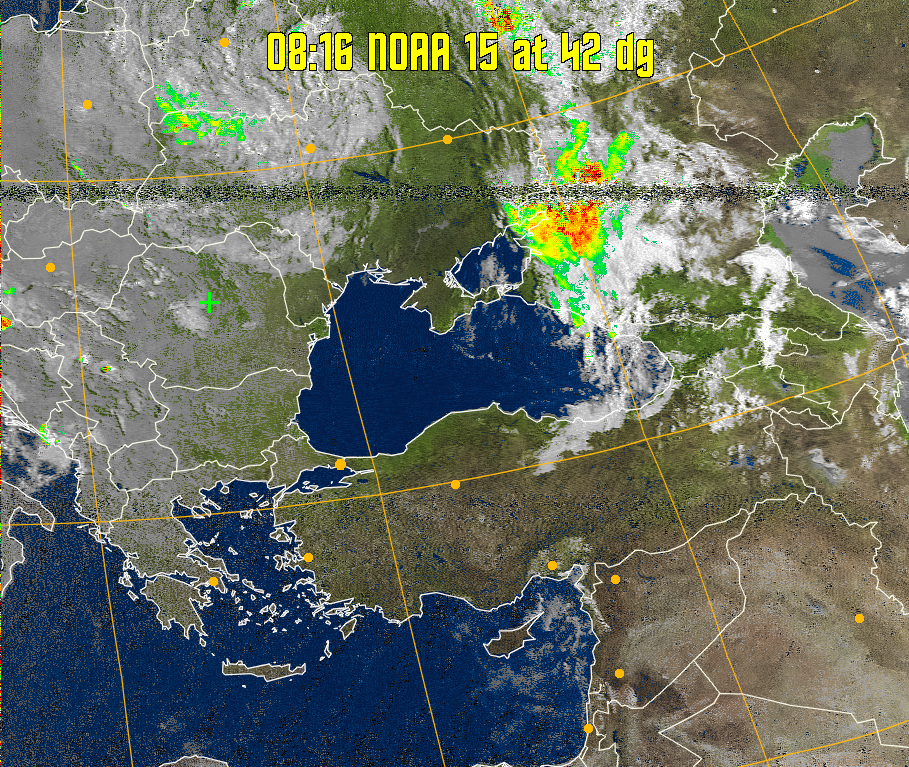 MSA-precip:
Same as MSA multispectral analysis, but high cold cloud tops are coloured the
same as the NO enhancement to give an approximate indication of the probability
and intensity of precipitation.