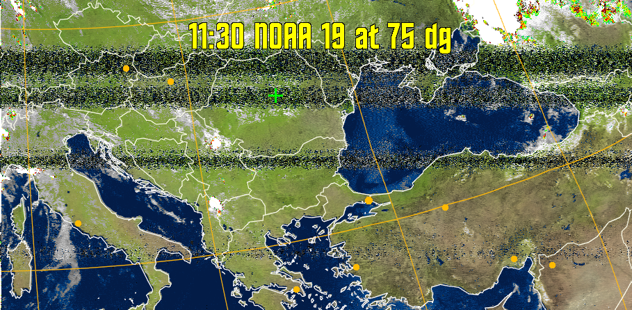 MSA-precip:
Same as MSA multispectral analysis, but high cold cloud tops are coloured the
same as the NO enhancement to give an approximate indication of the probability
and intensity of precipitation.