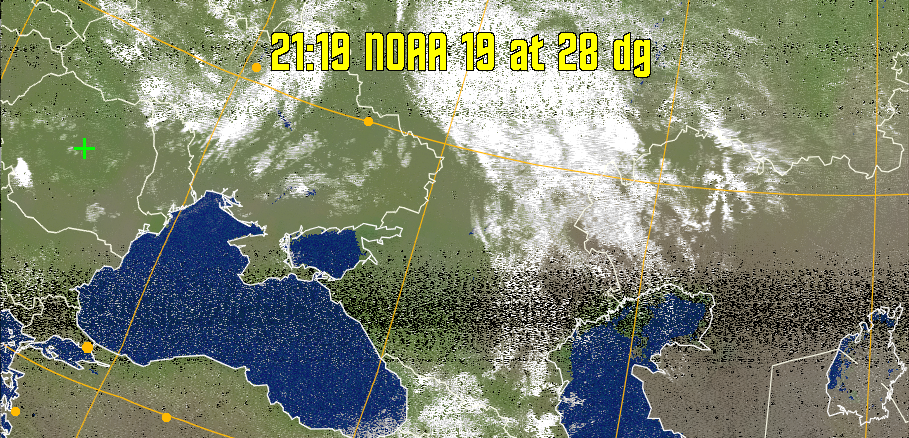 MCIR-precip: 
Colours the NOAA sensor 4 IR image using a map to colour the sea blue and land
green. High clouds appear white, lower clouds gray or land/sea coloured, clouds
generally appear lighter, but distinguishing between land/sea and low cloud may
be difficult. Darker colours indicate warmer regions.