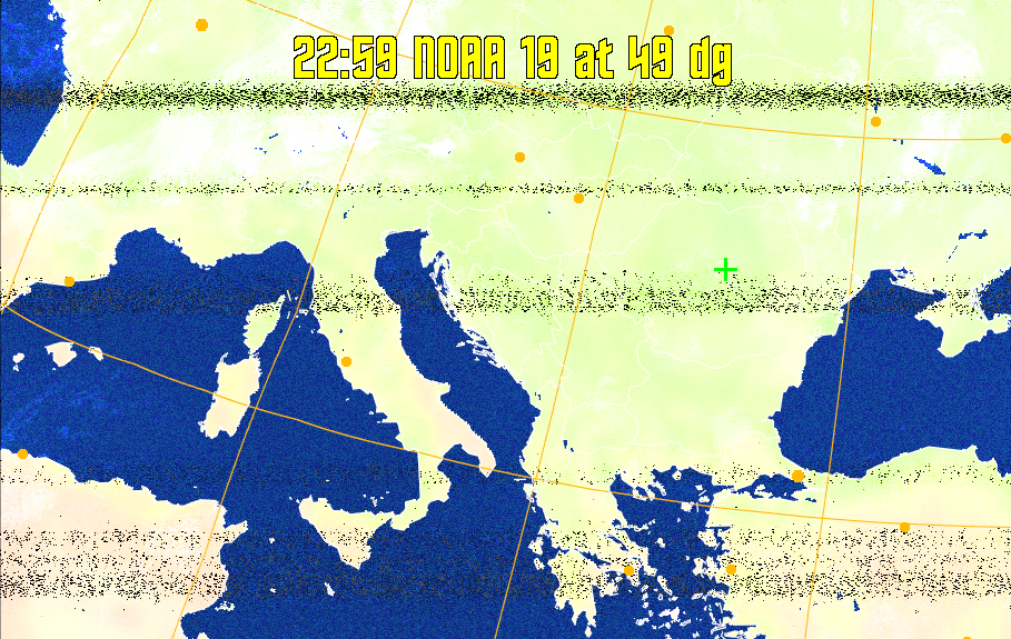 MCIR-precip: 
Colours the NOAA sensor 4 IR image using a map to colour the sea blue and land
green. High clouds appear white, lower clouds gray or land/sea coloured, clouds
generally appear lighter, but distinguishing between land/sea and low cloud may
be difficult. Darker colours indicate warmer regions.
