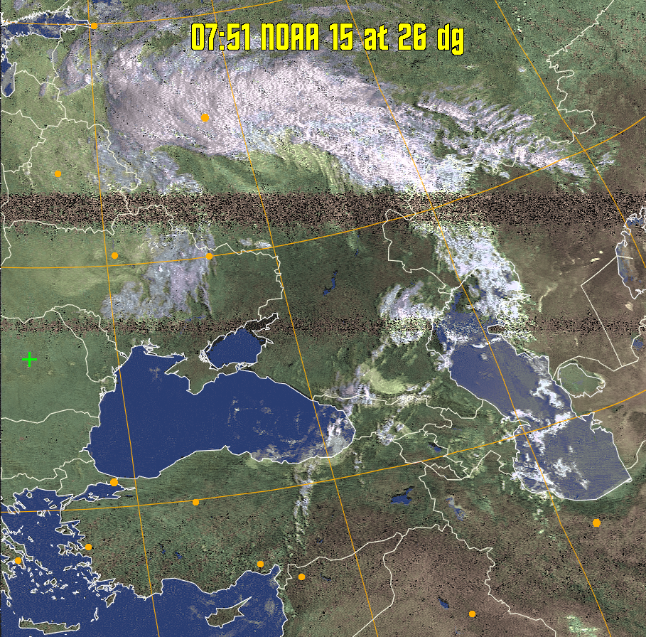 HVCT:
Similar to HVC, but with blue water and with colours more indicative of
land temperatures.
HVC:
Creates a false colour image from NOAA APT images based on temperature using
the HVC colour model. Uses the temperature derived from the sensor 4 image to
select the hue and the brightness from the histogram equalised other image to
select the value and chroma. The HVC colour model attempts to ensure that different colours at the same value will appear to the eye to be the same brightness
and the spacing between colours representing each degree will appear to the eye to
be similar. Bright areas are completely unsaturated in this model.