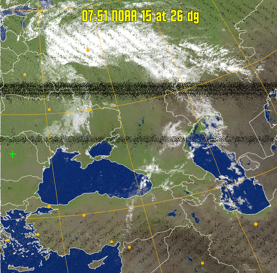 MCIR-precip: 
Colours the NOAA sensor 4 IR image using a map to colour the sea blue and land
green. High clouds appear white, lower clouds gray or land/sea coloured, clouds
generally appear lighter, but distinguishing between land/sea and low cloud may
be difficult. Darker colours indicate warmer regions.