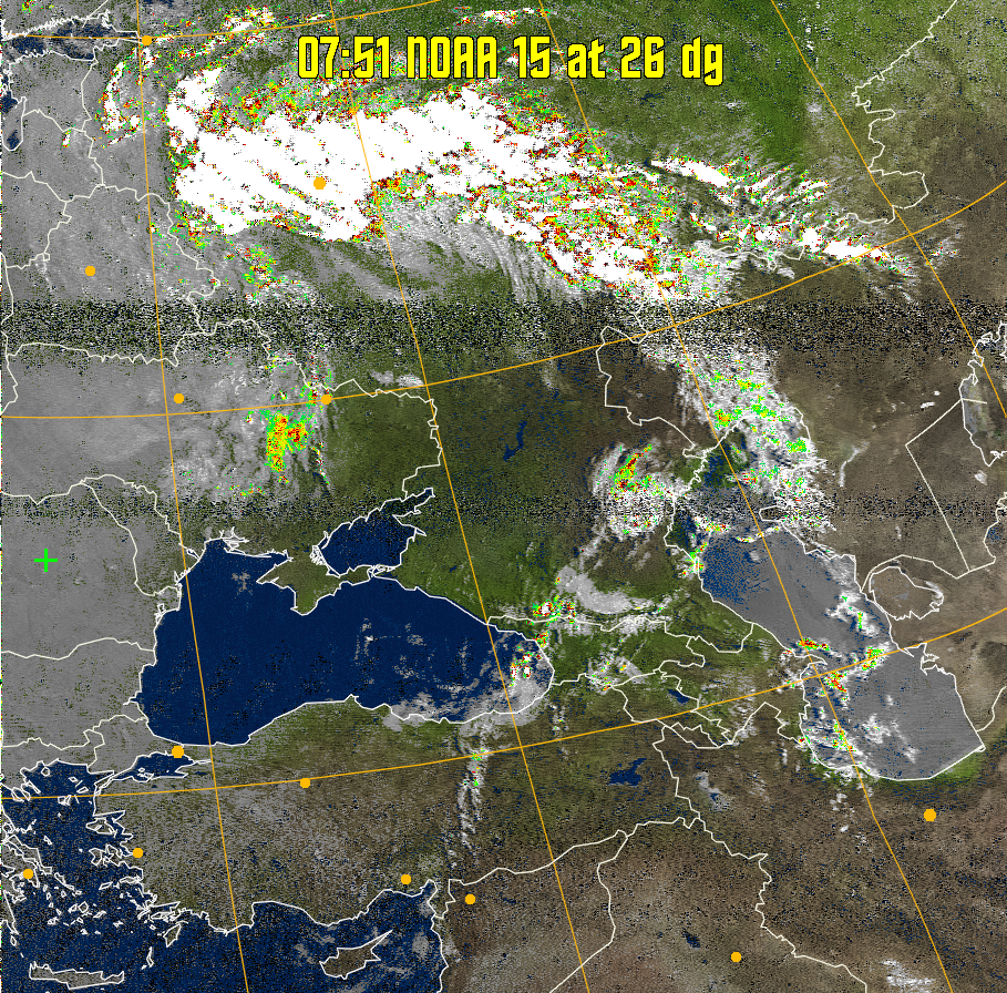 MSA-precip:
Same as MSA multispectral analysis, but high cold cloud tops are coloured the
same as the NO enhancement to give an approximate indication of the probability
and intensity of precipitation.