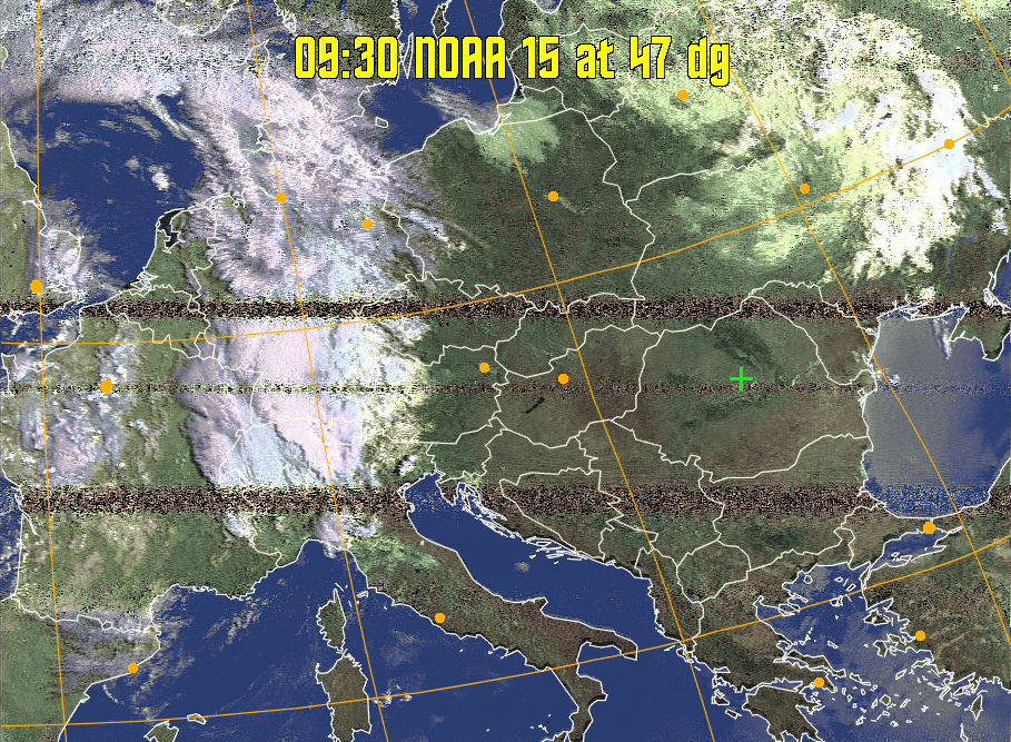 HVCT:
Similar to HVC, but with blue water and with colours more indicative of
land temperatures.
HVC:
Creates a false colour image from NOAA APT images based on temperature using
the HVC colour model. Uses the temperature derived from the sensor 4 image to
select the hue and the brightness from the histogram equalised other image to
select the value and chroma. The HVC colour model attempts to ensure that different colours at the same value will appear to the eye to be the same brightness
and the spacing between colours representing each degree will appear to the eye to
be similar. Bright areas are completely unsaturated in this model.