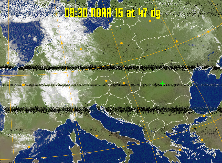 MCIR-precip: 
Colours the NOAA sensor 4 IR image using a map to colour the sea blue and land
green. High clouds appear white, lower clouds gray or land/sea coloured, clouds
generally appear lighter, but distinguishing between land/sea and low cloud may
be difficult. Darker colours indicate warmer regions.