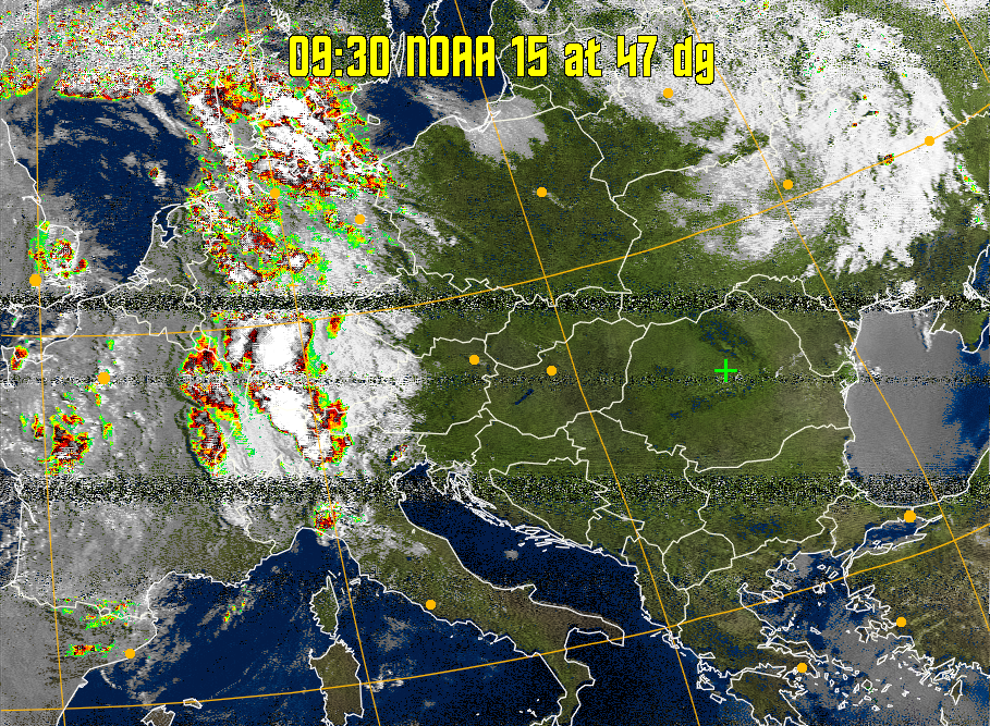 MSA-precip:
Same as MSA multispectral analysis, but high cold cloud tops are coloured the
same as the NO enhancement to give an approximate indication of the probability
and intensity of precipitation.