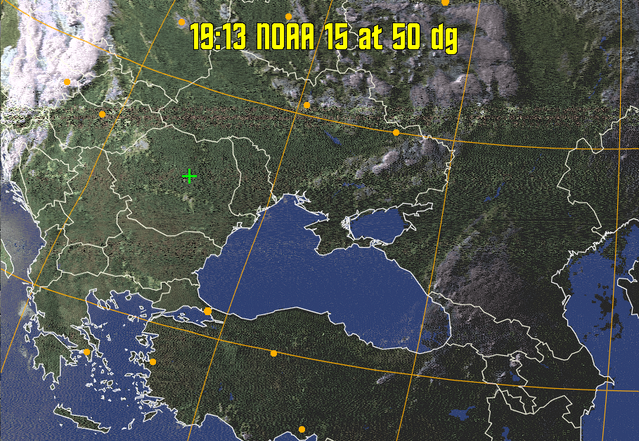 HVCT:
Similar to HVC, but with blue water and with colours more indicative of
land temperatures.
HVC:
Creates a false colour image from NOAA APT images based on temperature using
the HVC colour model. Uses the temperature derived from the sensor 4 image to
select the hue and the brightness from the histogram equalised other image to
select the value and chroma. The HVC colour model attempts to ensure that different colours at the same value will appear to the eye to be the same brightness
and the spacing between colours representing each degree will appear to the eye to
be similar. Bright areas are completely unsaturated in this model.