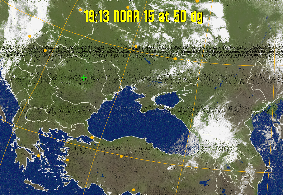 MCIR-precip: 
Colours the NOAA sensor 4 IR image using a map to colour the sea blue and land
green. High clouds appear white, lower clouds gray or land/sea coloured, clouds
generally appear lighter, but distinguishing between land/sea and low cloud may
be difficult. Darker colours indicate warmer regions.