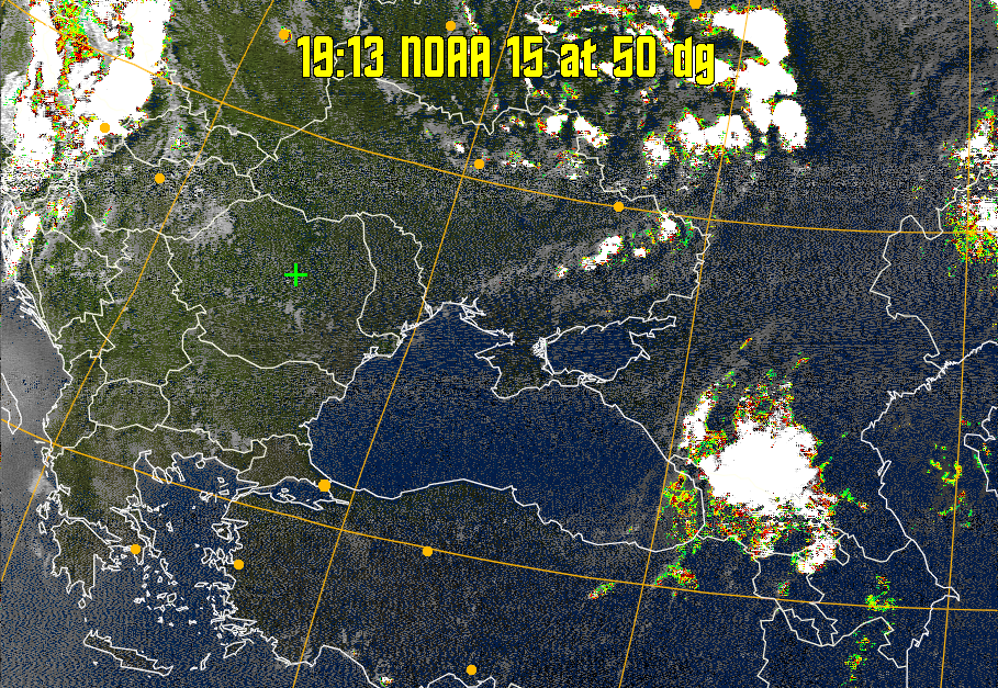MSA-precip:
Same as MSA multispectral analysis, but high cold cloud tops are coloured the
same as the NO enhancement to give an approximate indication of the probability
and intensity of precipitation.