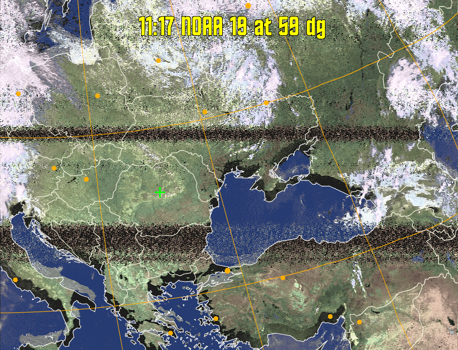 HVCT:
Similar to HVC, but with blue water and with colours more indicative of
land temperatures.
HVC:
Creates a false colour image from NOAA APT images based on temperature using
the HVC colour model. Uses the temperature derived from the sensor 4 image to
select the hue and the brightness from the histogram equalised other image to
select the value and chroma. The HVC colour model attempts to ensure that different colours at the same value will appear to the eye to be the same brightness
and the spacing between colours representing each degree will appear to the eye to
be similar. Bright areas are completely unsaturated in this model.