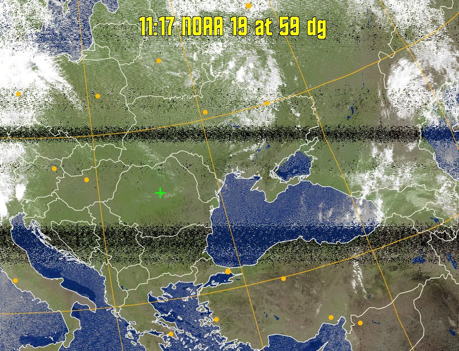 MCIR-precip: 
Colours the NOAA sensor 4 IR image using a map to colour the sea blue and land
green. High clouds appear white, lower clouds gray or land/sea coloured, clouds
generally appear lighter, but distinguishing between land/sea and low cloud may
be difficult. Darker colours indicate warmer regions.