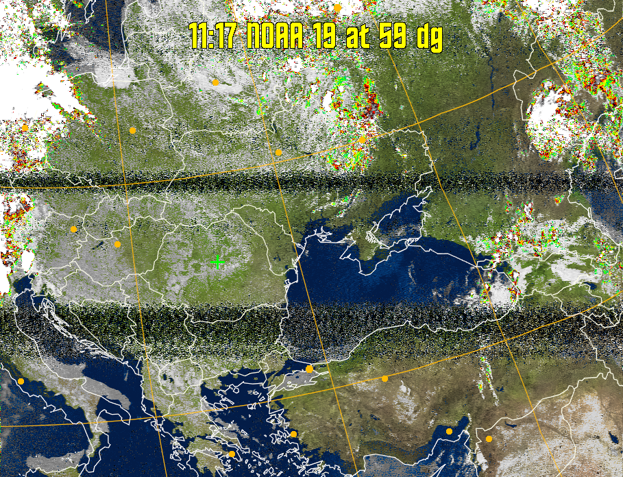 MSA-precip:
Same as MSA multispectral analysis, but high cold cloud tops are coloured the
same as the NO enhancement to give an approximate indication of the probability
and intensity of precipitation.