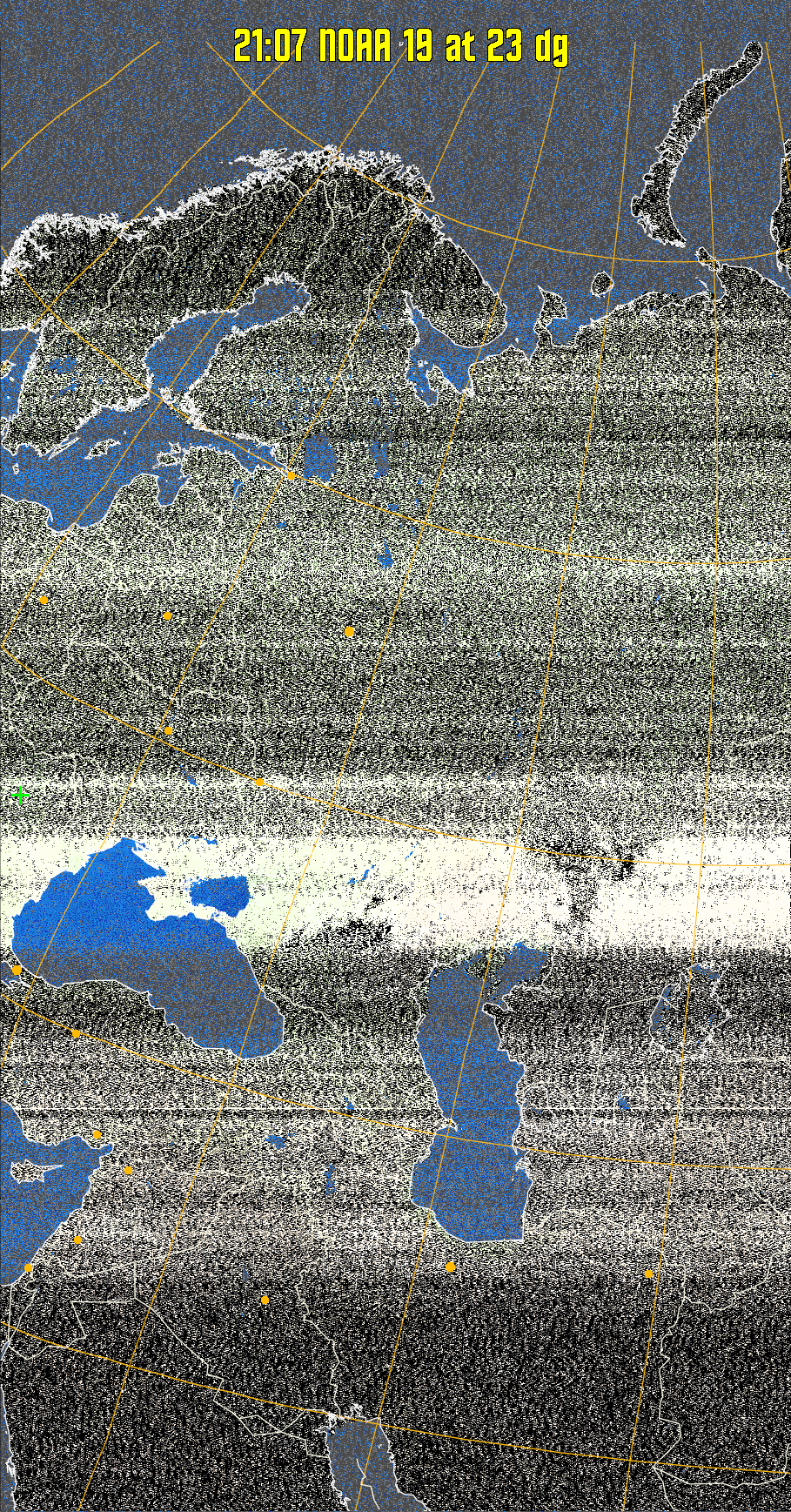 MCIR-precip: 
Colours the NOAA sensor 4 IR image using a map to colour the sea blue and land
green. High clouds appear white, lower clouds gray or land/sea coloured, clouds
generally appear lighter, but distinguishing between land/sea and low cloud may
be difficult. Darker colours indicate warmer regions.