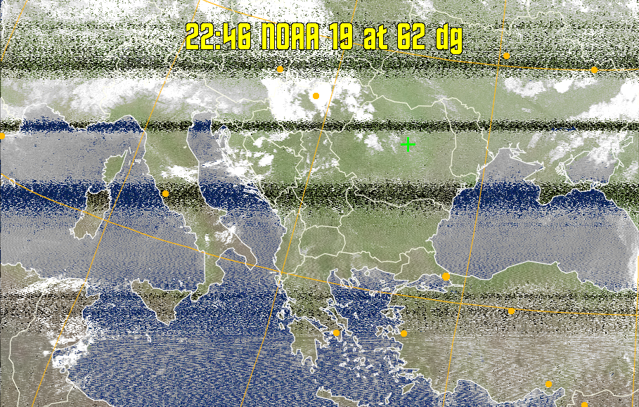 MCIR-precip: 
Colours the NOAA sensor 4 IR image using a map to colour the sea blue and land
green. High clouds appear white, lower clouds gray or land/sea coloured, clouds
generally appear lighter, but distinguishing between land/sea and low cloud may
be difficult. Darker colours indicate warmer regions.