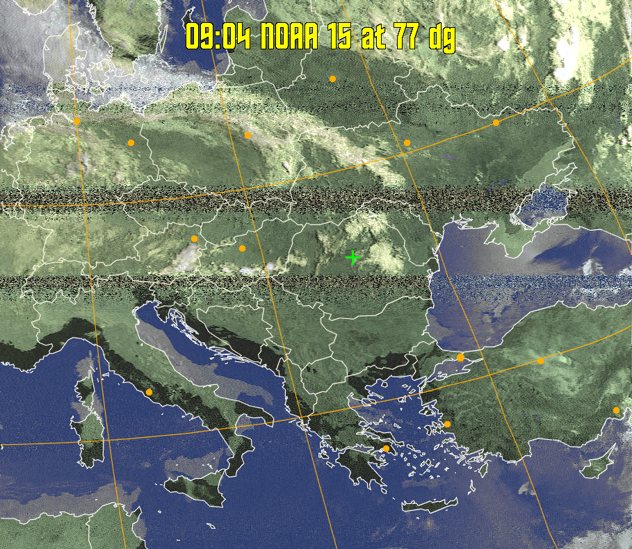 HVCT:
Similar to HVC, but with blue water and with colours more indicative of
land temperatures.
HVC:
Creates a false colour image from NOAA APT images based on temperature using
the HVC colour model. Uses the temperature derived from the sensor 4 image to
select the hue and the brightness from the histogram equalised other image to
select the value and chroma. The HVC colour model attempts to ensure that different colours at the same value will appear to the eye to be the same brightness
and the spacing between colours representing each degree will appear to the eye to
be similar. Bright areas are completely unsaturated in this model.