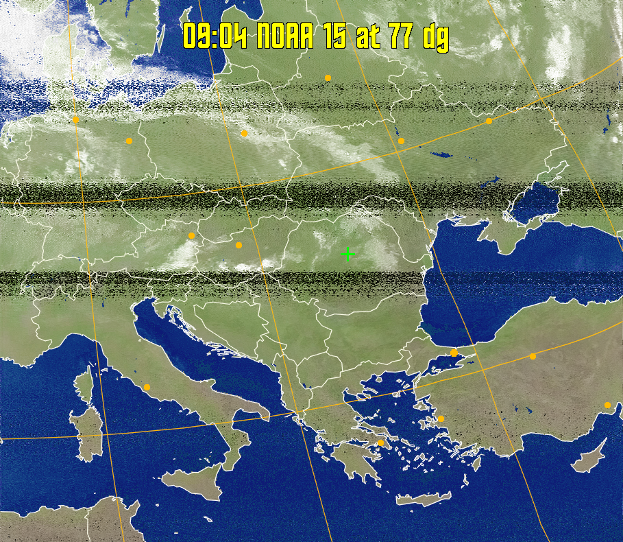 MCIR-precip: 
Colours the NOAA sensor 4 IR image using a map to colour the sea blue and land
green. High clouds appear white, lower clouds gray or land/sea coloured, clouds
generally appear lighter, but distinguishing between land/sea and low cloud may
be difficult. Darker colours indicate warmer regions.