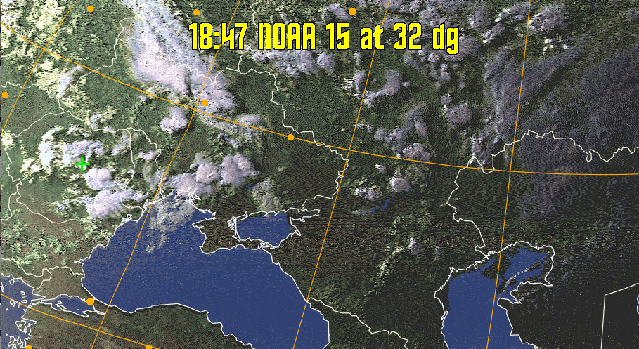 HVCT:
Similar to HVC, but with blue water and with colours more indicative of
land temperatures.
HVC:
Creates a false colour image from NOAA APT images based on temperature using
the HVC colour model. Uses the temperature derived from the sensor 4 image to
select the hue and the brightness from the histogram equalised other image to
select the value and chroma. The HVC colour model attempts to ensure that different colours at the same value will appear to the eye to be the same brightness
and the spacing between colours representing each degree will appear to the eye to
be similar. Bright areas are completely unsaturated in this model.