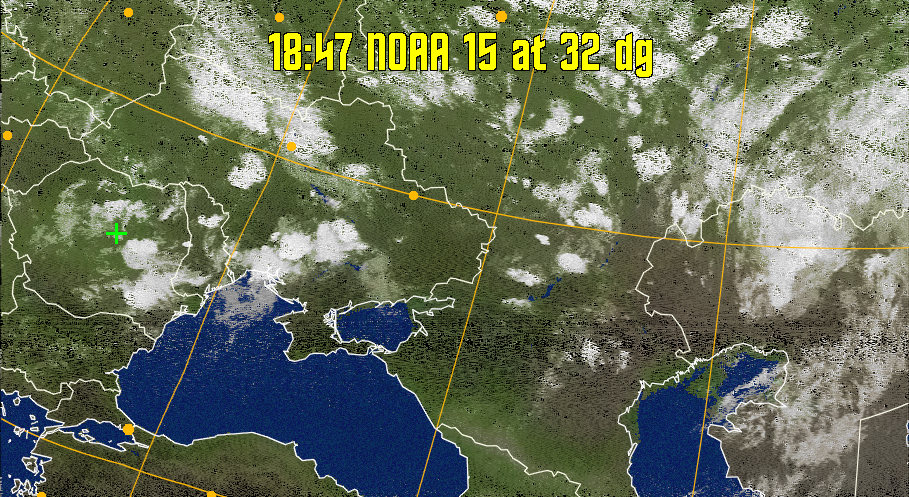 MCIR-precip: 
Colours the NOAA sensor 4 IR image using a map to colour the sea blue and land
green. High clouds appear white, lower clouds gray or land/sea coloured, clouds
generally appear lighter, but distinguishing between land/sea and low cloud may
be difficult. Darker colours indicate warmer regions.