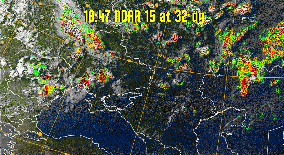 MSA-precip:
Same as MSA multispectral analysis, but high cold cloud tops are coloured the
same as the NO enhancement to give an approximate indication of the probability
and intensity of precipitation.