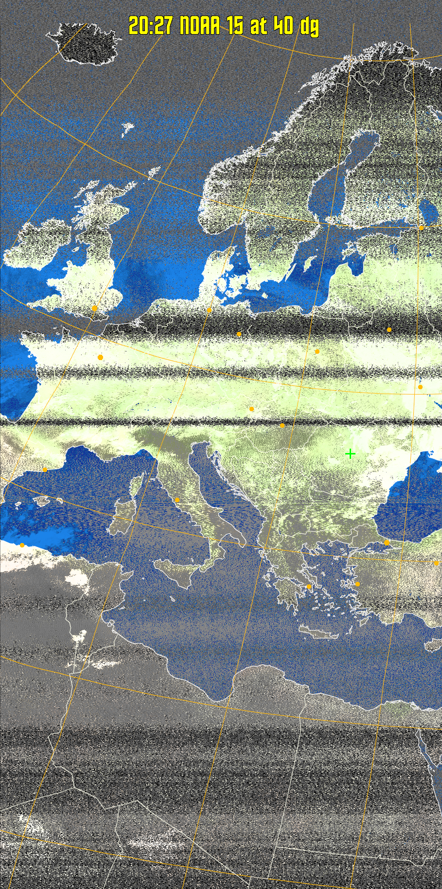 MCIR-precip: 
Colours the NOAA sensor 4 IR image using a map to colour the sea blue and land
green. High clouds appear white, lower clouds gray or land/sea coloured, clouds
generally appear lighter, but distinguishing between land/sea and low cloud may
be difficult. Darker colours indicate warmer regions.