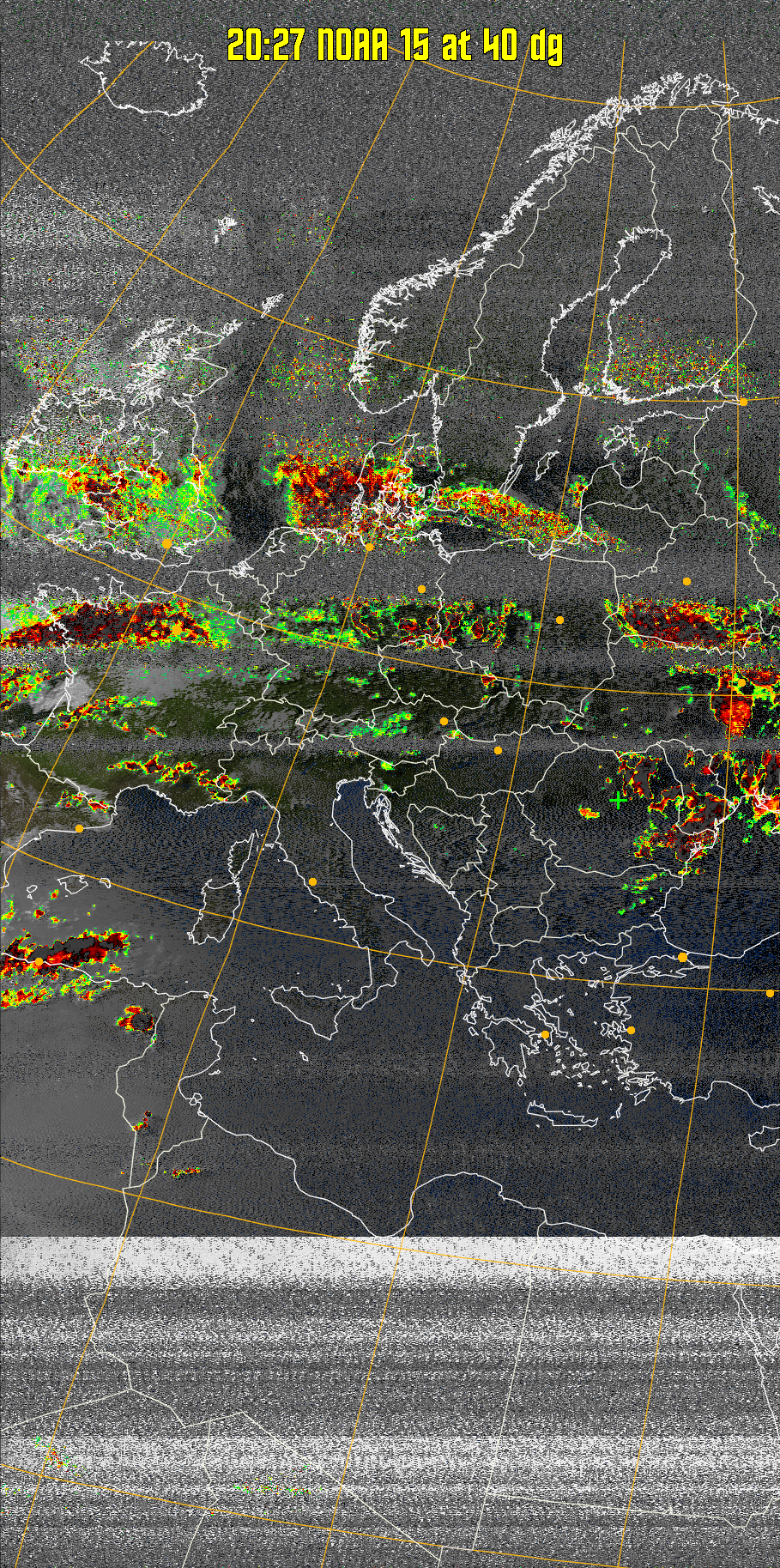 MSA-precip:
Same as MSA multispectral analysis, but high cold cloud tops are coloured the
same as the NO enhancement to give an approximate indication of the probability
and intensity of precipitation.