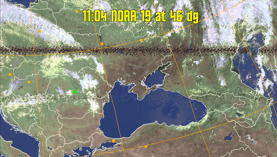 HVCT:
Similar to HVC, but with blue water and with colours more indicative of
land temperatures.
HVC:
Creates a false colour image from NOAA APT images based on temperature using
the HVC colour model. Uses the temperature derived from the sensor 4 image to
select the hue and the brightness from the histogram equalised other image to
select the value and chroma. The HVC colour model attempts to ensure that different colours at the same value will appear to the eye to be the same brightness
and the spacing between colours representing each degree will appear to the eye to
be similar. Bright areas are completely unsaturated in this model.