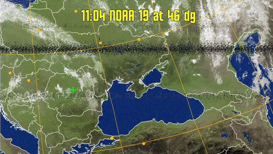 MCIR-precip: 
Colours the NOAA sensor 4 IR image using a map to colour the sea blue and land
green. High clouds appear white, lower clouds gray or land/sea coloured, clouds
generally appear lighter, but distinguishing between land/sea and low cloud may
be difficult. Darker colours indicate warmer regions.
