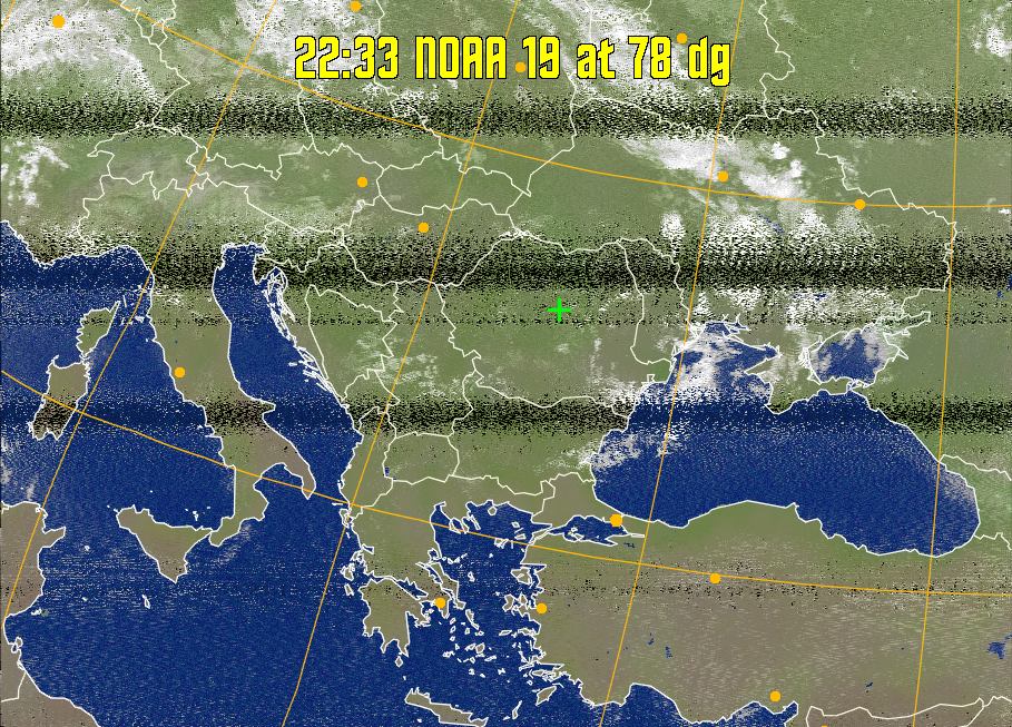 MCIR-precip: 
Colours the NOAA sensor 4 IR image using a map to colour the sea blue and land
green. High clouds appear white, lower clouds gray or land/sea coloured, clouds
generally appear lighter, but distinguishing between land/sea and low cloud may
be difficult. Darker colours indicate warmer regions.