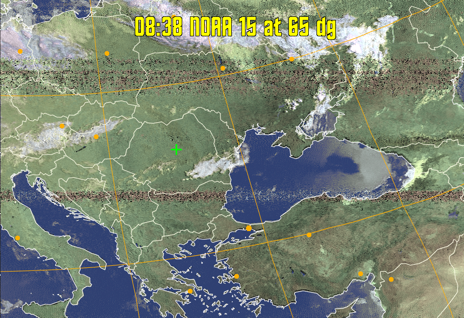 HVCT:
Similar to HVC, but with blue water and with colours more indicative of
land temperatures.
HVC:
Creates a false colour image from NOAA APT images based on temperature using
the HVC colour model. Uses the temperature derived from the sensor 4 image to
select the hue and the brightness from the histogram equalised other image to
select the value and chroma. The HVC colour model attempts to ensure that different colours at the same value will appear to the eye to be the same brightness
and the spacing between colours representing each degree will appear to the eye to
be similar. Bright areas are completely unsaturated in this model.
