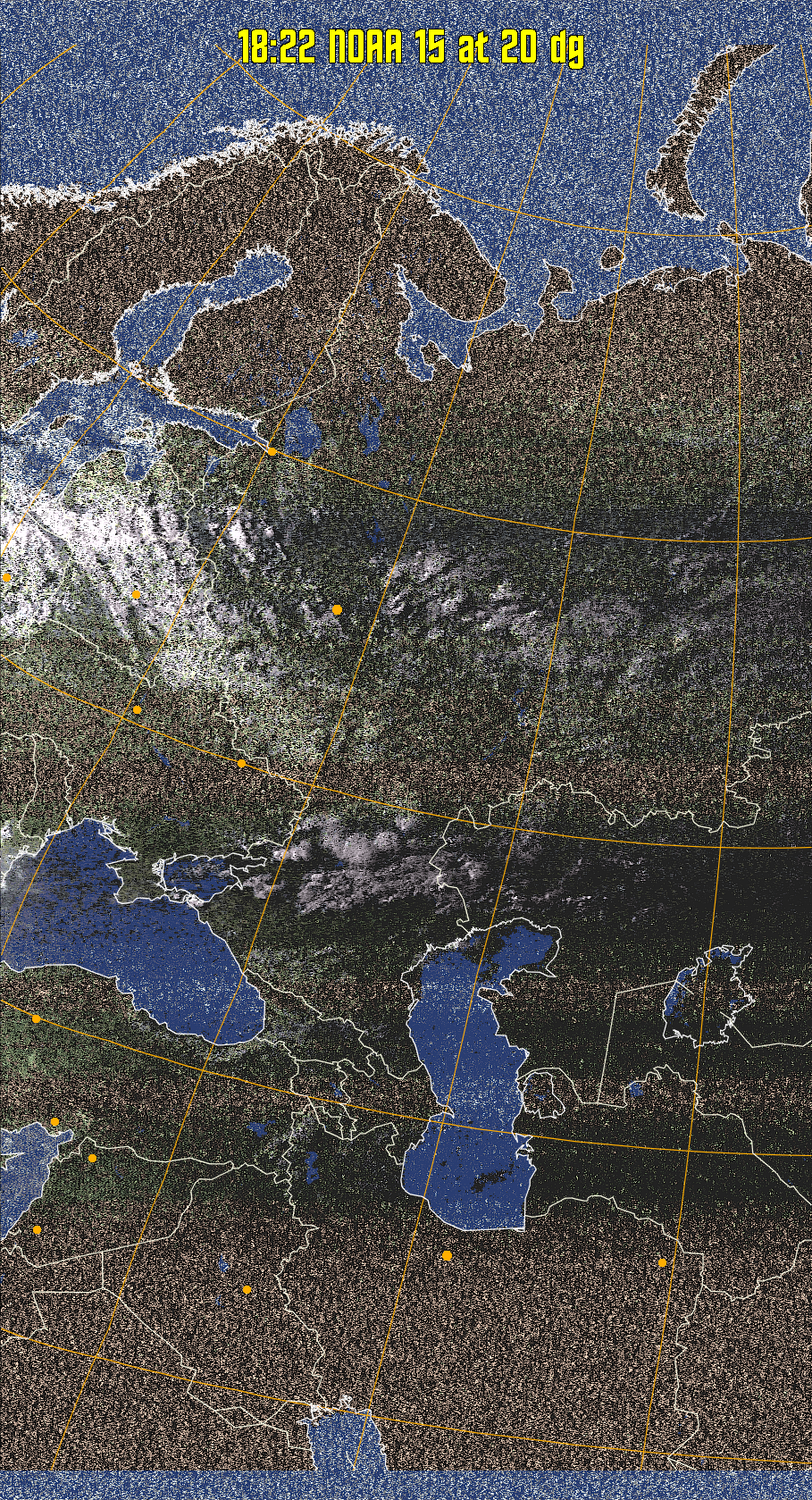HVCT:
Similar to HVC, but with blue water and with colours more indicative of
land temperatures.
HVC:
Creates a false colour image from NOAA APT images based on temperature using
the HVC colour model. Uses the temperature derived from the sensor 4 image to
select the hue and the brightness from the histogram equalised other image to
select the value and chroma. The HVC colour model attempts to ensure that different colours at the same value will appear to the eye to be the same brightness
and the spacing between colours representing each degree will appear to the eye to
be similar. Bright areas are completely unsaturated in this model.
