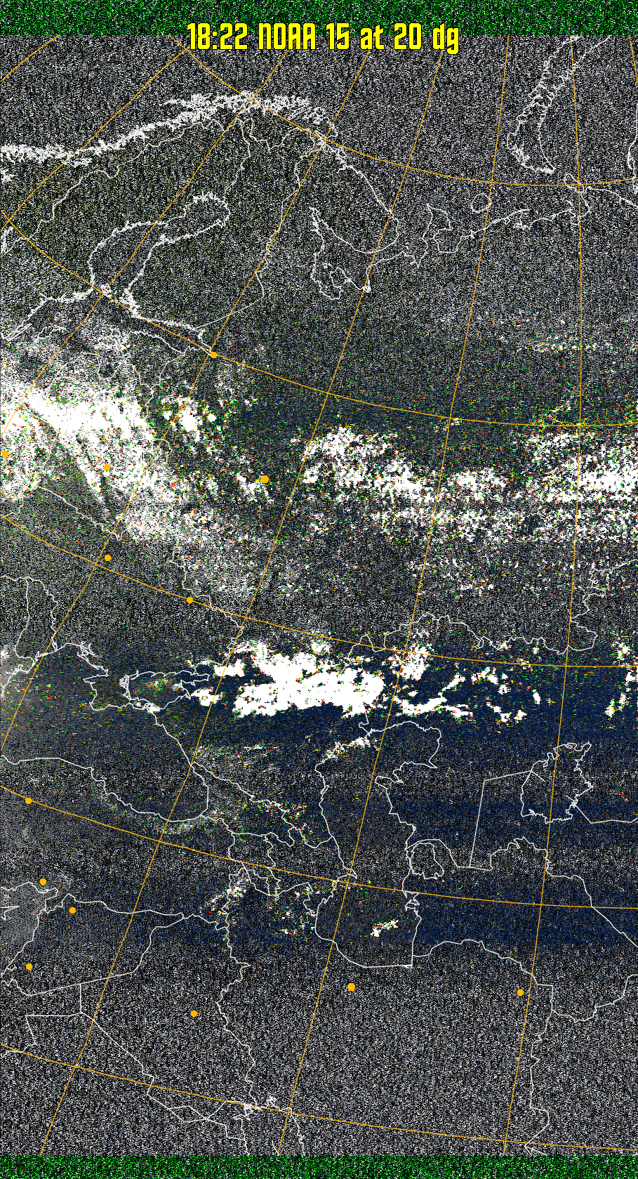 MSA-precip:
Same as MSA multispectral analysis, but high cold cloud tops are coloured the
same as the NO enhancement to give an approximate indication of the probability
and intensity of precipitation.