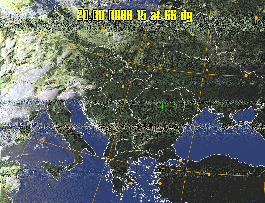 HVCT:
Similar to HVC, but with blue water and with colours more indicative of
land temperatures.
HVC:
Creates a false colour image from NOAA APT images based on temperature using
the HVC colour model. Uses the temperature derived from the sensor 4 image to
select the hue and the brightness from the histogram equalised other image to
select the value and chroma. The HVC colour model attempts to ensure that different colours at the same value will appear to the eye to be the same brightness
and the spacing between colours representing each degree will appear to the eye to
be similar. Bright areas are completely unsaturated in this model.