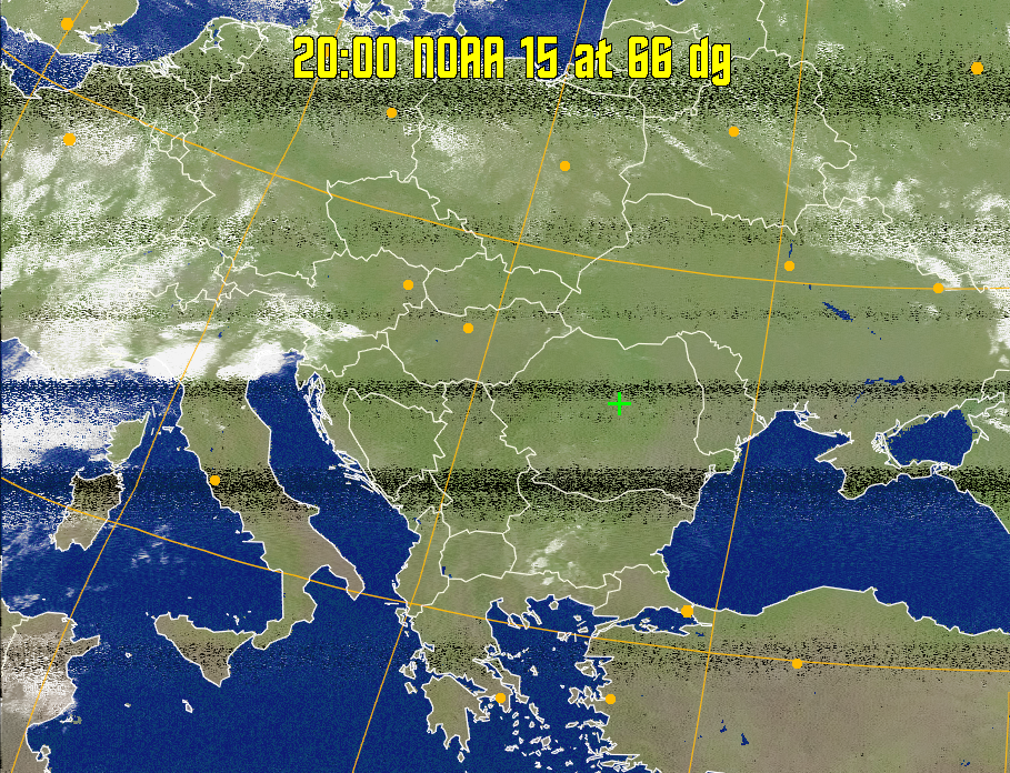 MCIR-precip: 
Colours the NOAA sensor 4 IR image using a map to colour the sea blue and land
green. High clouds appear white, lower clouds gray or land/sea coloured, clouds
generally appear lighter, but distinguishing between land/sea and low cloud may
be difficult. Darker colours indicate warmer regions.