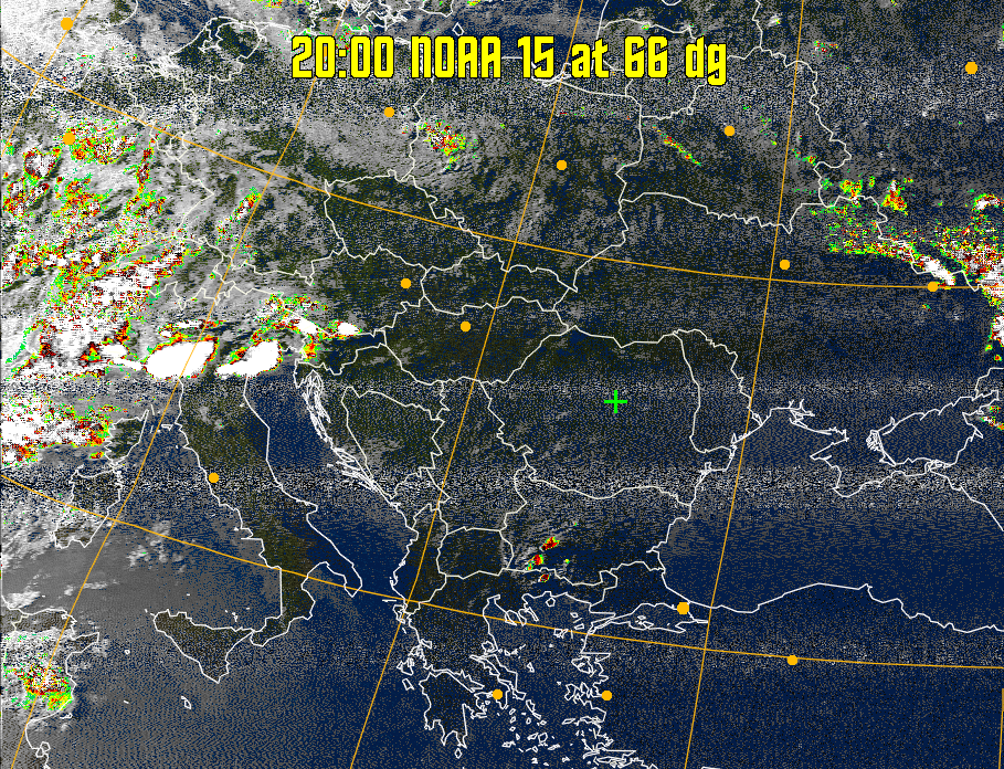 MSA-precip:
Same as MSA multispectral analysis, but high cold cloud tops are coloured the
same as the NO enhancement to give an approximate indication of the probability
and intensity of precipitation.