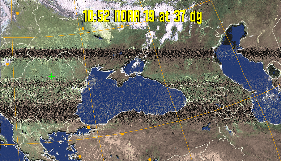 HVCT:
Similar to HVC, but with blue water and with colours more indicative of
land temperatures.
HVC:
Creates a false colour image from NOAA APT images based on temperature using
the HVC colour model. Uses the temperature derived from the sensor 4 image to
select the hue and the brightness from the histogram equalised other image to
select the value and chroma. The HVC colour model attempts to ensure that different colours at the same value will appear to the eye to be the same brightness
and the spacing between colours representing each degree will appear to the eye to
be similar. Bright areas are completely unsaturated in this model.