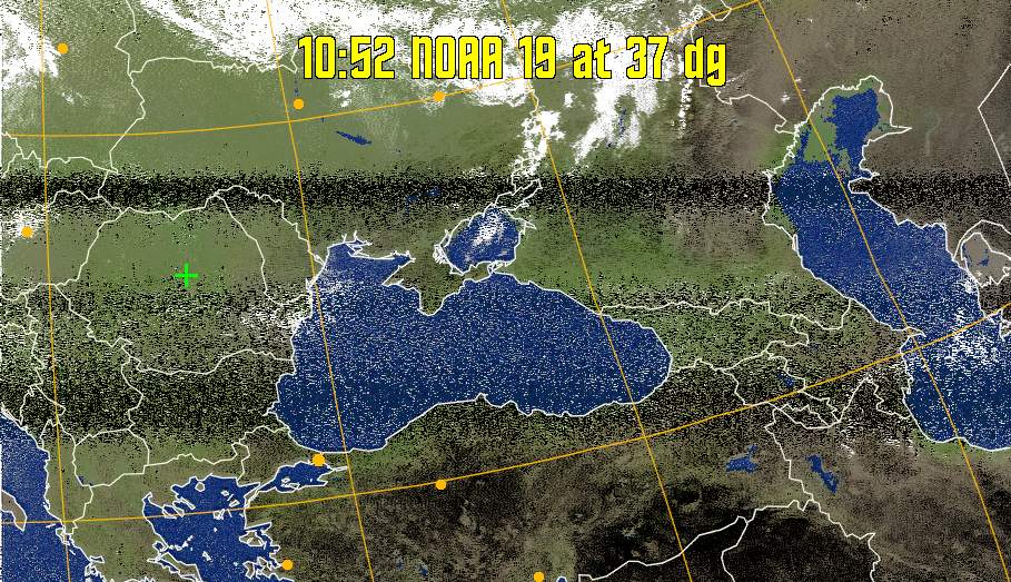 MCIR-precip: 
Colours the NOAA sensor 4 IR image using a map to colour the sea blue and land
green. High clouds appear white, lower clouds gray or land/sea coloured, clouds
generally appear lighter, but distinguishing between land/sea and low cloud may
be difficult. Darker colours indicate warmer regions.