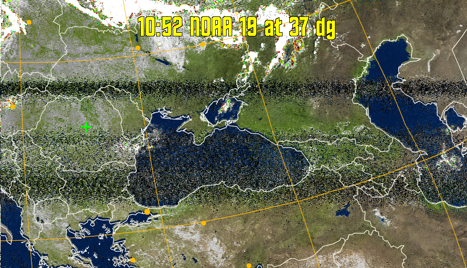 MSA-precip:
Same as MSA multispectral analysis, but high cold cloud tops are coloured the
same as the NO enhancement to give an approximate indication of the probability
and intensity of precipitation.