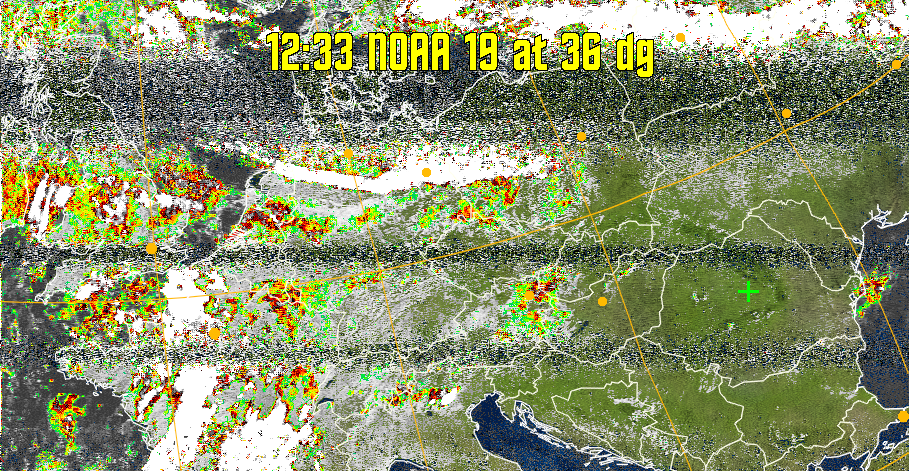 MSA-precip:
Same as MSA multispectral analysis, but high cold cloud tops are coloured the
same as the NO enhancement to give an approximate indication of the probability
and intensity of precipitation.