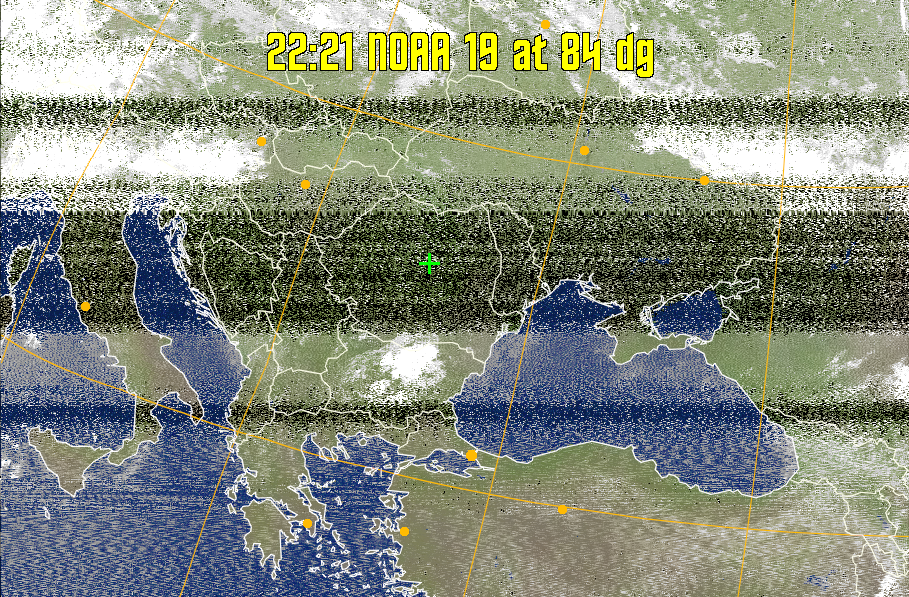 MCIR-precip: 
Colours the NOAA sensor 4 IR image using a map to colour the sea blue and land
green. High clouds appear white, lower clouds gray or land/sea coloured, clouds
generally appear lighter, but distinguishing between land/sea and low cloud may
be difficult. Darker colours indicate warmer regions.