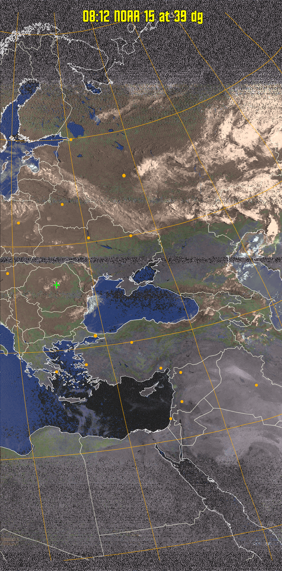 HVCT:
Similar to HVC, but with blue water and with colours more indicative of
land temperatures.
HVC:
Creates a false colour image from NOAA APT images based on temperature using
the HVC colour model. Uses the temperature derived from the sensor 4 image to
select the hue and the brightness from the histogram equalised other image to
select the value and chroma. The HVC colour model attempts to ensure that different colours at the same value will appear to the eye to be the same brightness
and the spacing between colours representing each degree will appear to the eye to
be similar. Bright areas are completely unsaturated in this model.
