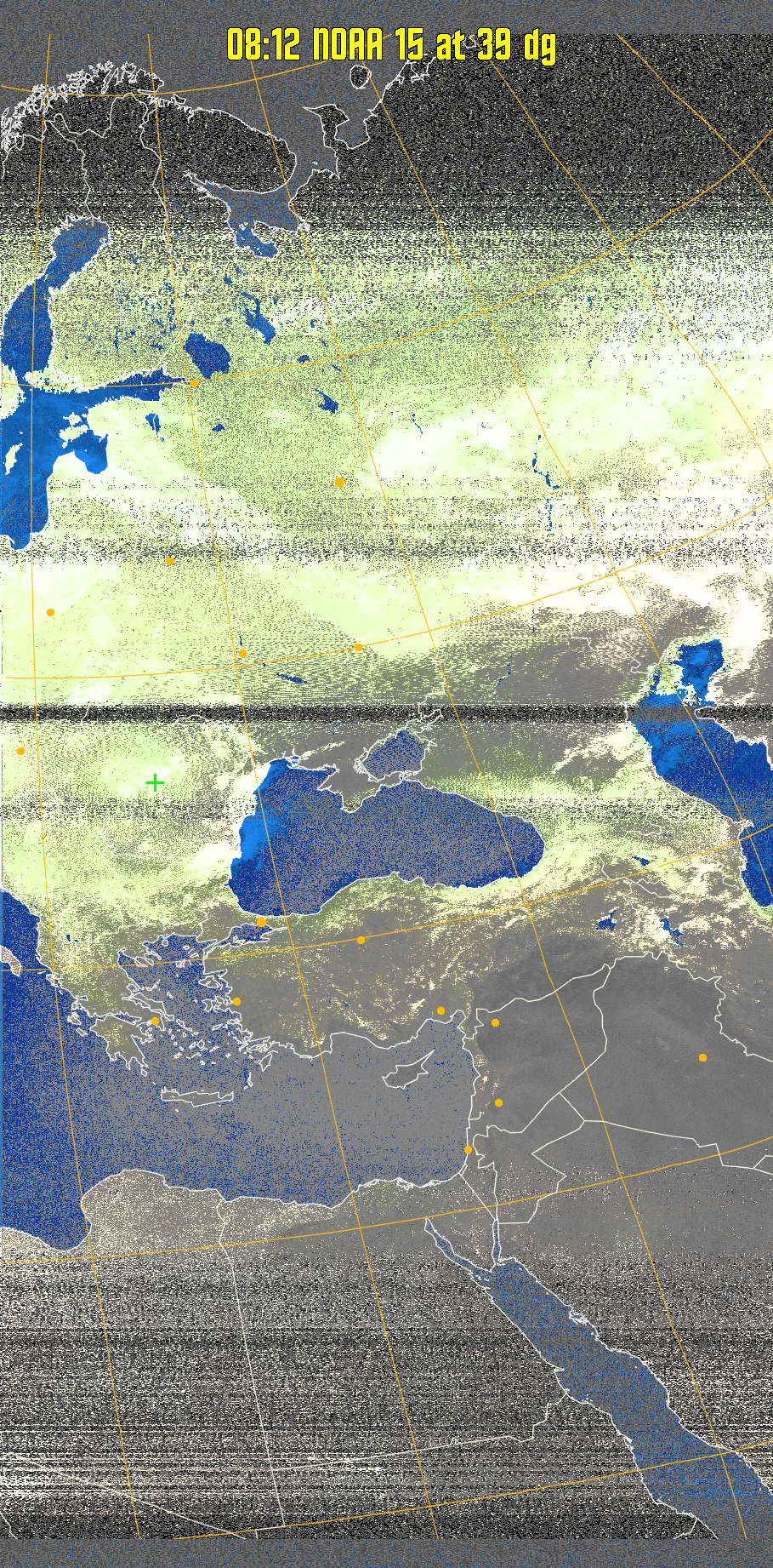 MCIR-precip: 
Colours the NOAA sensor 4 IR image using a map to colour the sea blue and land
green. High clouds appear white, lower clouds gray or land/sea coloured, clouds
generally appear lighter, but distinguishing between land/sea and low cloud may
be difficult. Darker colours indicate warmer regions.